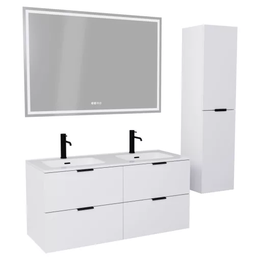 HD Palermo Matt White 120 komplett fürdőszoba bútor szett fali mosdószekrénnyel, matt fekete fogantyúkkal, tükörrel és magasszekrénnyel