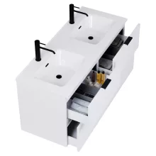 HD Palermo Matt White 120 komplett fürdőszoba bútor szett fali mosdószekrénnyel, matt fekete fogantyúkkal, tükörrel és magasszekrénnyel