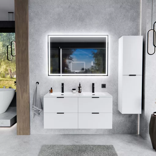 HD Palermo Matt White 120 komplett fürdőszoba bútor szett fali mosdószekrénnyel, matt fekete fogantyúkkal, tükörrel és magasszekrénnyel