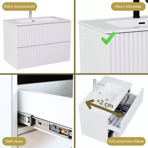 HD Ravello Pro Matt White 60 komplett fürdőszoba bútor fali push-to-open mosdószekrénnyel és tükörrel