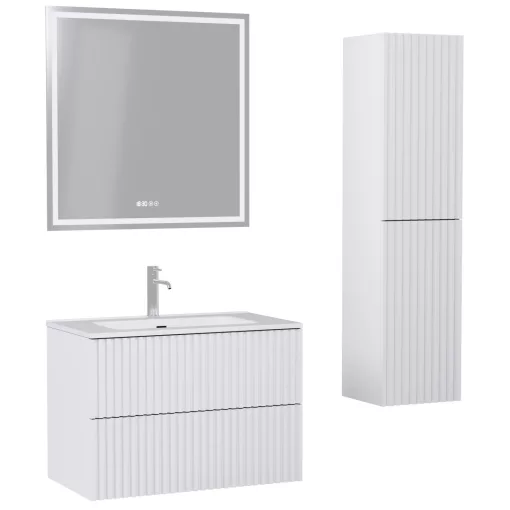 HD Ravello Pro Matt White 60 komplett fürdőszoba bútor szett fali push-to-open mosdószekrénnyel, tükörrel és magasszekrénnyel