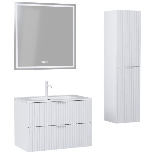 HD Ravello Matt White 60 komplett fürdőszoba bútor szett fali mosdószekrénnyel, matt fehér fogantyúkkal, tükörrel és magasszekrénnyel