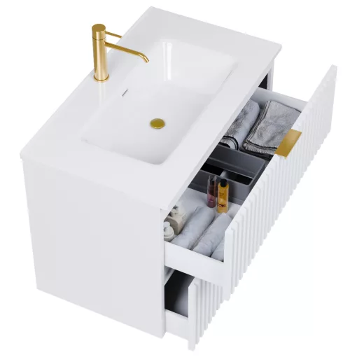 HD Ravello Matt White 60 fali mosdószekrény szálcsiszolt arany fogantyúkkal