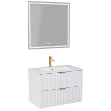HD Ravello Matt White 60 komplett fürdőszoba bútor fali mosdószekrénnyel, szálcsiszolt arany fogantyúkkal és tükörrel
