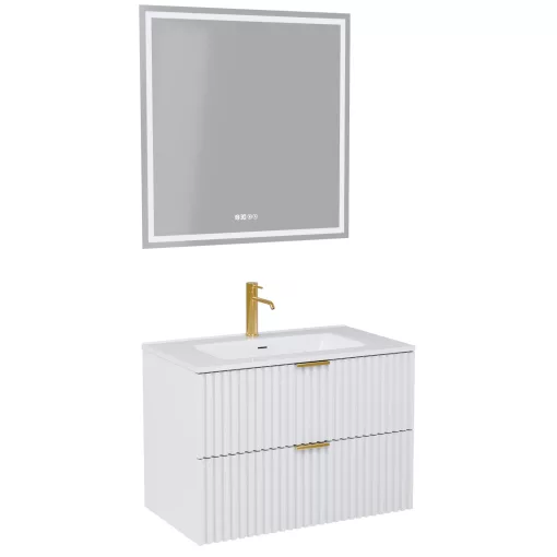 HD Ravello Matt White 60 komplett fürdőszoba bútor fali mosdószekrénnyel, szálcsiszolt arany fogantyúkkal és tükörrel