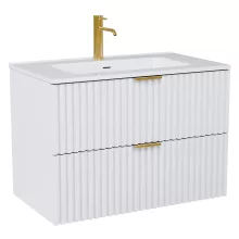 HD Ravello Matt White 60 komplett fürdőszoba bútor fali mosdószekrénnyel, szálcsiszolt arany fogantyúkkal és tükörrel