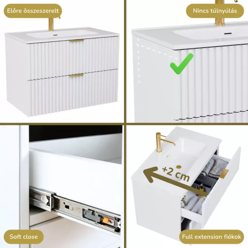HD Ravello Matt White 60 komplett fürdőszoba bútor fali mosdószekrénnyel, szálcsiszolt arany fogantyúkkal és tükörrel