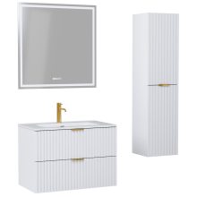 HD Ravello Matt White 60 komplett fürdőszoba bútor szett fali mosdószekrénnyel, szálcsiszolt arany fogantyúkkal, tükörrel és magasszekrénnyel