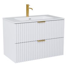 HD Ravello Matt White 60 komplett fürdőszoba bútor szett fali mosdószekrénnyel, szálcsiszolt arany fogantyúkkal, tükörrel és magasszekrénnyel