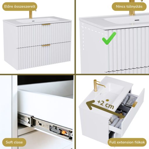 HD Ravello Matt White 60 komplett fürdőszoba bútor szett fali mosdószekrénnyel, szálcsiszolt arany fogantyúkkal, tükörrel és magasszekrénnyel