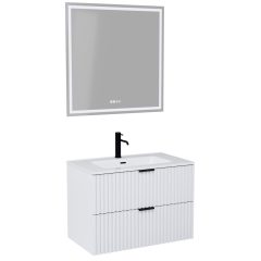   HD Ravello Matt White 60/80 komplett fürdőszoba bútor fali mosdószekrénnyel, matt fekete fogantyúkkal és tükörrel