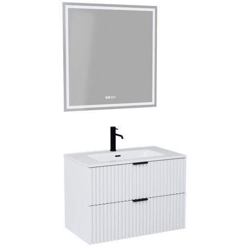 HD Ravello Matt White 60/80 komplett fürdőszoba bútor fali mosdószekrénnyel, matt fekete fogantyúkkal és tükörrel