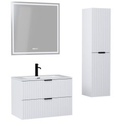   HD Ravello Matt White 60/80 komplett fürdőszoba bútor szett fali mosdószekrénnyel, matt fekete fogantyúkkal, tükörrel és magasszekrénnyel
