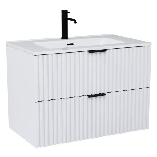 HD Ravello Matt White 60/80 komplett fürdőszoba bútor szett fali mosdószekrénnyel, matt fekete fogantyúkkal, tükörrel és magasszekrénnyel