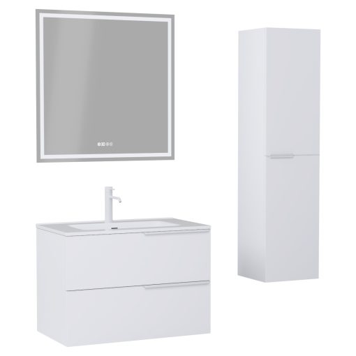 HD Cremona Matt White 60 komplett fürdőszoba bútor szett fali mosdószekrénnyel, matt fehér fogantyúkkal, tükörrel és magasszekrénnyel