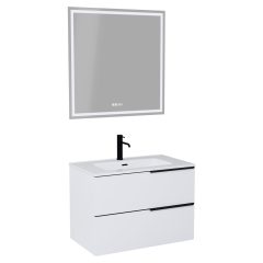   HD Cremona Matt White 60/80 komplett fürdőszoba bútor fali mosdószekrénnyel, matt fekete fogantyúkkal és tükörrel