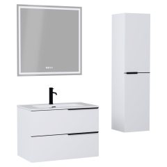   HD Cremona Matt White 60/80 komplett fürdőszoba bútor szett fali mosdószekrénnyel, matt fekete fogantyúkkal, tükörrel és magasszekrénnyel