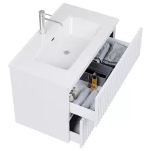 HD Ravello Pro Matt White 80 komplett fürdőszoba bútor fali push-to-open mosdószekrénnyel és tükörrel