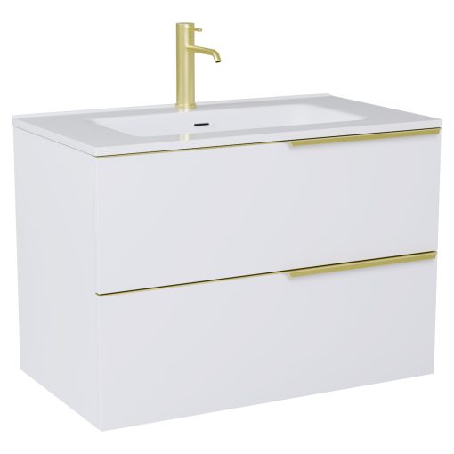 HD Cremona Matt White 80 fali mosdószekrény szálcsiszolt arany fogantyúkkal