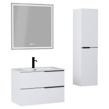 HD Cremona Matt White 80 komplett fürdőszoba bútor szett fali mosdószekrénnyel, matt fekete fogantyúkkal, tükörrel és magasszekrénnyel