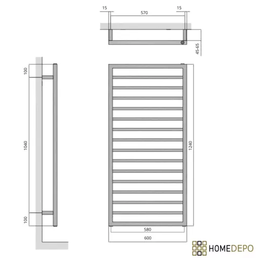 HD Herakles Antracit 1200x600 mm design törölközőszárító radiátor, matt antracit