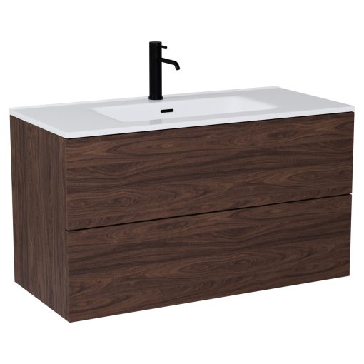 HD Aria Pro Matt Hazel 100 fali mosdószekrény, push-to-open mechanizmussal, fényes fehér slim mosdóval