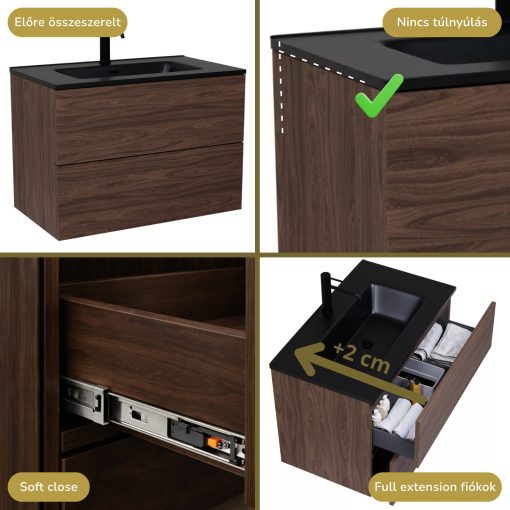 HD Aria Pro Matt Hazel 100 fali mosdószekrény, push-to-open mechanizmussal, matt fekete slim mosdóval