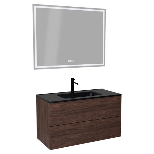 HD Aria Pro Matt Hazel 100 komplett fürdőszoba bútor fali push-to-open mosdószekrénnyel, matt fekete slim mosdóval és tükörrel