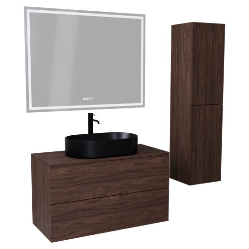 HD Zyra Pro Matt Hazel 100 komplett fürdőszoba bútor szett fali push-to-open mosdószekrénnyel, mogyoró színű mosdópulttal, tükörrel és magasszekrénnyel