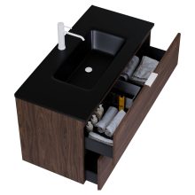 HD Palermo Matt Hazel 100 fali mosdószekrény matt fehér fogantyúkkal és matt fekete slim mosdóval