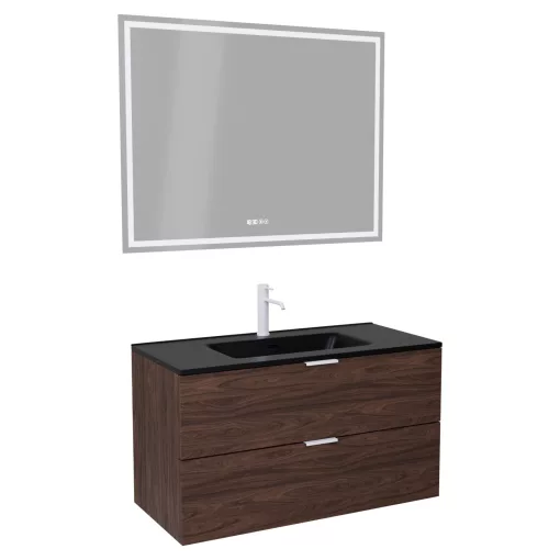 HD Palermo Matt Hazel 100 komplett fürdőszoba bútor fali mosdószekrénnyel, matt fehér fogantyúkkal, matt fekete slim mosdóval és tükörrel