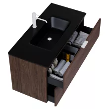 HD Palermo Matt Hazel 100 komplett fürdőszoba bútor fali mosdószekrénnyel, matt fehér fogantyúkkal, matt fekete slim mosdóval és tükörrel