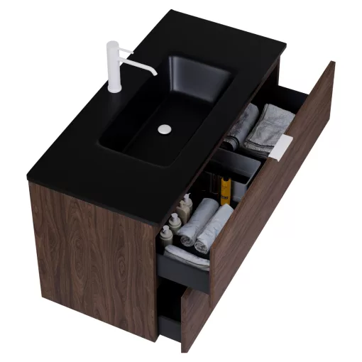 HD Palermo Matt Hazel 100 komplett fürdőszoba bútor fali mosdószekrénnyel, matt fehér fogantyúkkal, matt fekete slim mosdóval és tükörrel