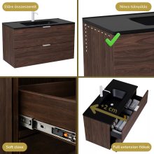 HD Palermo Matt Hazel 100 komplett fürdőszoba bútor szett fali mosdószekrénnyel, matt fehér fogantyúkkal, matt fekete slim mosdóval, tükörrel és magasszekrénnyel