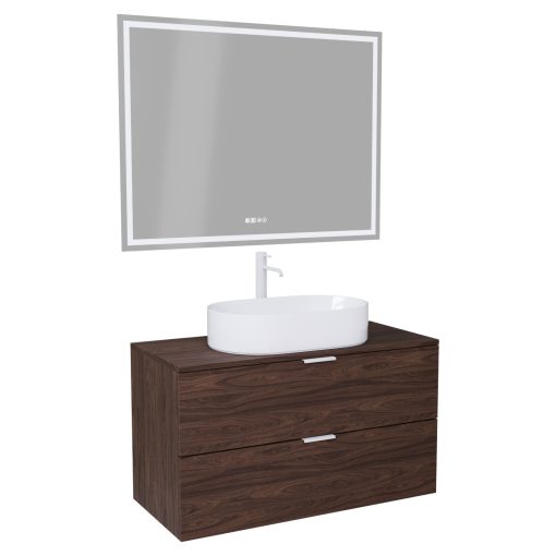 HD Salerno Matt Hazel 100 komplett fürdőszoba bútor fali mosdószekrénnyel, matt fehér fogantyúkkal, mogyoró színű mosdópulttal és tükörrel
