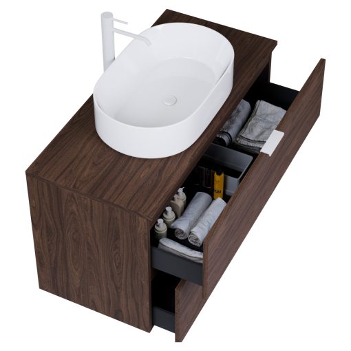 HD Salerno Matt Hazel 100 komplett fürdőszoba bútor fali mosdószekrénnyel, matt fehér fogantyúkkal, mogyoró színű mosdópulttal és tükörrel