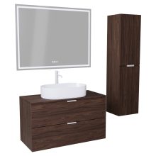 HD Salerno Matt Hazel 100 komplett fürdőszoba bútor szett fali mosdószekrénnyel, matt fehér fogantyúval, mogyoró színű mosdópulttal, tükörrel és magasszekrénnyel