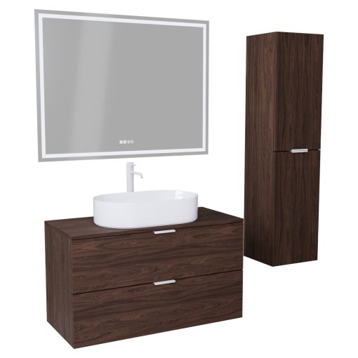 HD Salerno Matt Hazel 100 komplett fürdőszoba bútor szett fali mosdószekrénnyel, matt fehér fogantyúval, mogyoró színű mosdópulttal, tükörrel és magasszekrénnyel