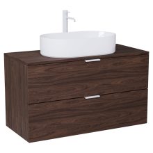 HD Salerno Matt Hazel 100 komplett fürdőszoba bútor szett fali mosdószekrénnyel, matt fehér fogantyúval, mogyoró színű mosdópulttal, tükörrel és magasszekrénnyel