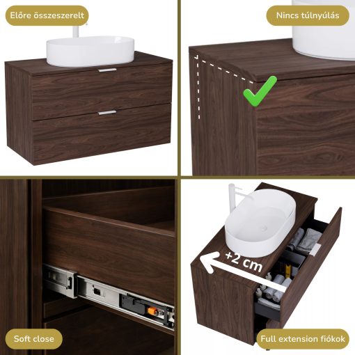 HD Salerno Matt Hazel 100 komplett fürdőszoba bútor szett fali mosdószekrénnyel, matt fehér fogantyúval, mogyoró színű mosdópulttal, tükörrel és magasszekrénnyel