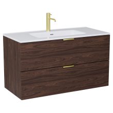 HD Palermo Matt Hazel 100 fali mosdószekrény szálcsiszolt arany fogantyúkkal és fényes fehér slim mosdóval