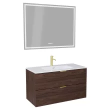 HD Palermo Matt Hazel 100 komplett fürdőszoba bútor fali mosdószekrénnyel, szálcsiszolt arany fogantyúkkal, fényes fehér slim mosdóval és tükörrel