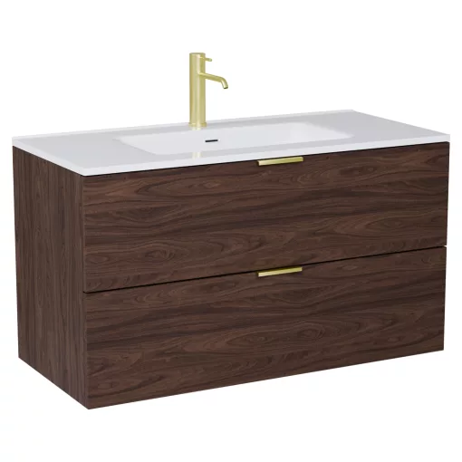 HD Palermo Matt Hazel 100 komplett fürdőszoba bútor fali mosdószekrénnyel, szálcsiszolt arany fogantyúkkal, fényes fehér slim mosdóval és tükörrel