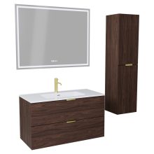 HD Palermo Matt Hazel 100 komplett fürdőszoba bútor szett fali mosdószekrénnyel, szálcsiszolt arany fogantyúkkal, fényes fehér slim mosdóval, tükörrel és magasszekrénnyel