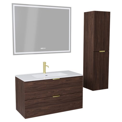 HD Palermo Matt Hazel 100 komplett fürdőszoba bútor szett fali mosdószekrénnyel, szálcsiszolt arany fogantyúkkal, fényes fehér slim mosdóval, tükörrel és magasszekrénnyel