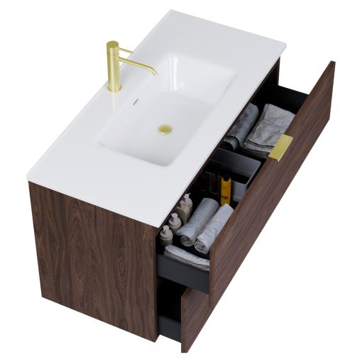 HD Palermo Matt Hazel 100 komplett fürdőszoba bútor szett fali mosdószekrénnyel, szálcsiszolt arany fogantyúkkal, fényes fehér slim mosdóval, tükörrel és magasszekrénnyel