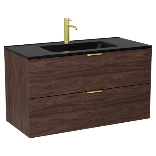 HD Palermo Matt Hazel 100 fali mosdószekrény szálcsiszolt arany fogantyúkkal és matt fekete slim mosdóval