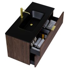 HD Palermo Matt Hazel 100 fali mosdószekrény szálcsiszolt arany fogantyúkkal és matt fekete slim mosdóval