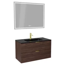 HD Palermo Matt Hazel 100 komplett fürdőszoba bútor fali mosdószekrénnyel, szálcsiszolt arany fogantyúkkal, matt fekete slim mosdóval és tükörrel