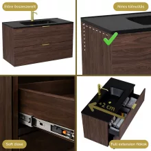 HD Palermo Matt Hazel 100 komplett fürdőszoba bútor fali mosdószekrénnyel, szálcsiszolt arany fogantyúkkal, matt fekete slim mosdóval és tükörrel